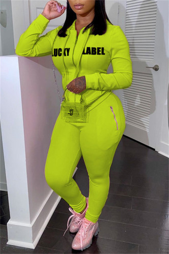 Fluorescent Yellow Fashion Casual Letter Print Patchwork Hooded Collar Long Sleeve Two Pieces