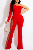 Red Fashion Sexy Patchwork Hot Drilling Backless Schuine Kraag Regular Jumpsuits
