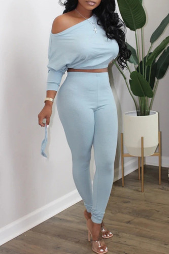 Light Blue Fashion Casual Solid Basic Oblique Collar Long Sleeve Two Pieces