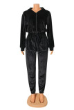 Black Fashion Casual Solid Basic Hooded Collar Regular Jumpsuits