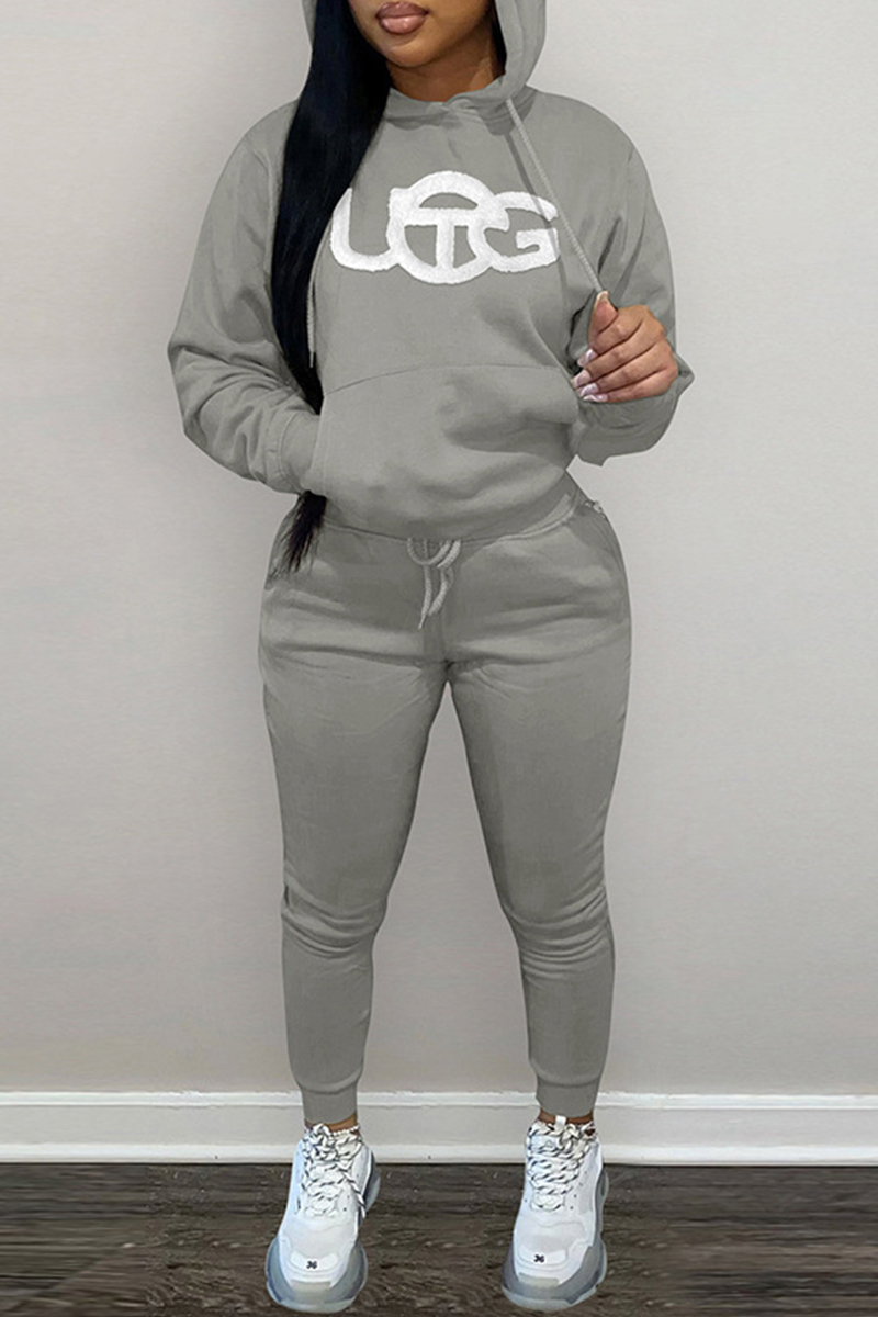 

Grey Fashion Casual Solid Embroidered Hooded Collar Two Pieces