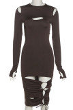 Coffee Fashion Sexy Solid Bandage Hollowed Out O Neck Long Sleeve Dresses