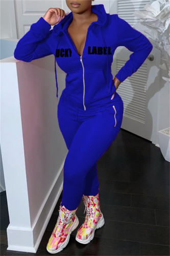Blue Fashion Casual Letter Print Patchwork Hooded Collar Long Sleeve Two Pieces