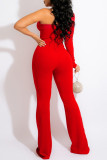 Red Fashion Sexy Patchwork Hot Drilling Backless Schuine Kraag Regular Jumpsuits