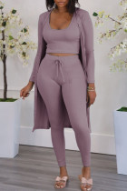 Розовый Фиолетовый модный повседневный сплошной кардиган жилеты брюки с круглым вырезом с длинным рукавом комплект из трех предметов
