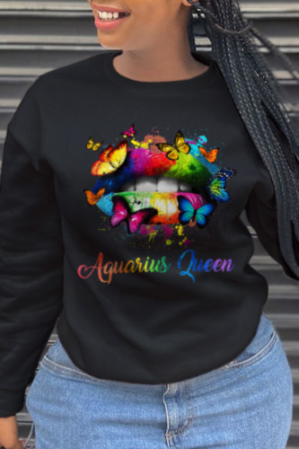 Black Sexy Daily Butterfly Print Letter O Neck Tops