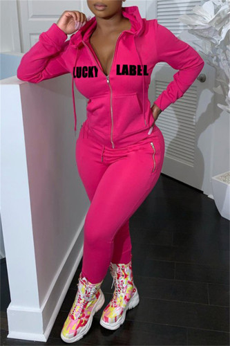 Rose Red Fashion Casual Letter Print Patchwork Hooded Collar Long Sleeve Two Pieces