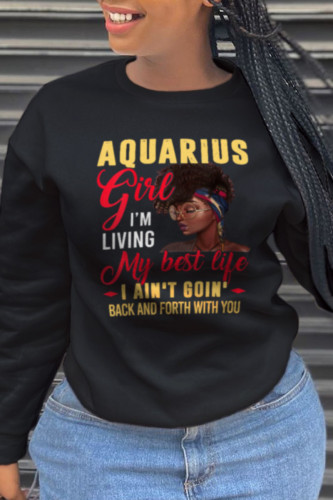 Black Casual Print Letter O Neck Tops
