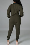 Legergroene mode, casual, effen patchwork, zak met V-hals, normale jumpsuits