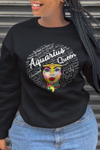 Black Casual Vintage Print Letter O Neck Tops