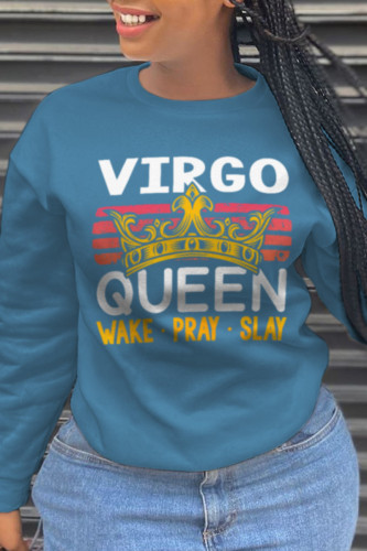 Blue Casual Vintage Print Letter O Neck Tops