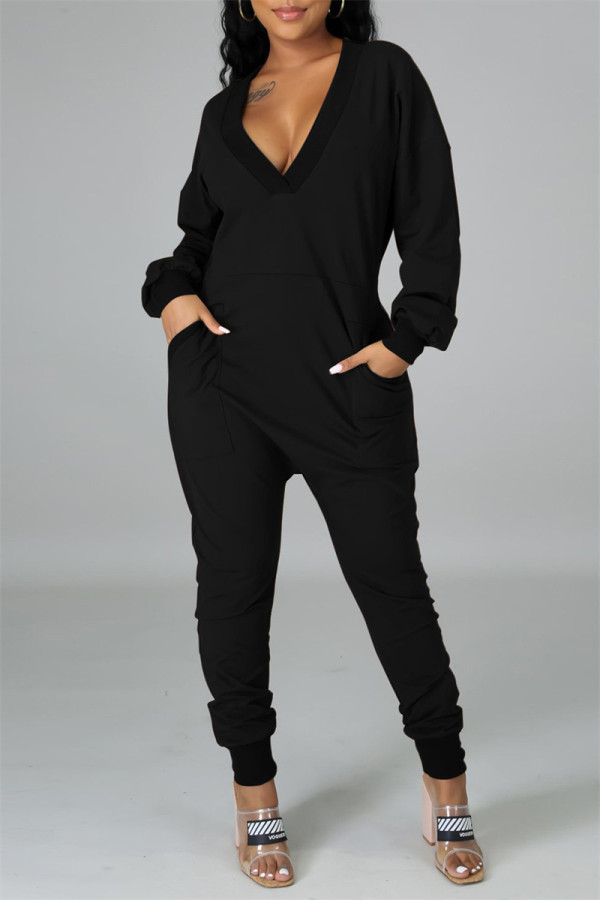 Zwarte mode-casual effen patchwork zak met V-hals, normale jumpsuits