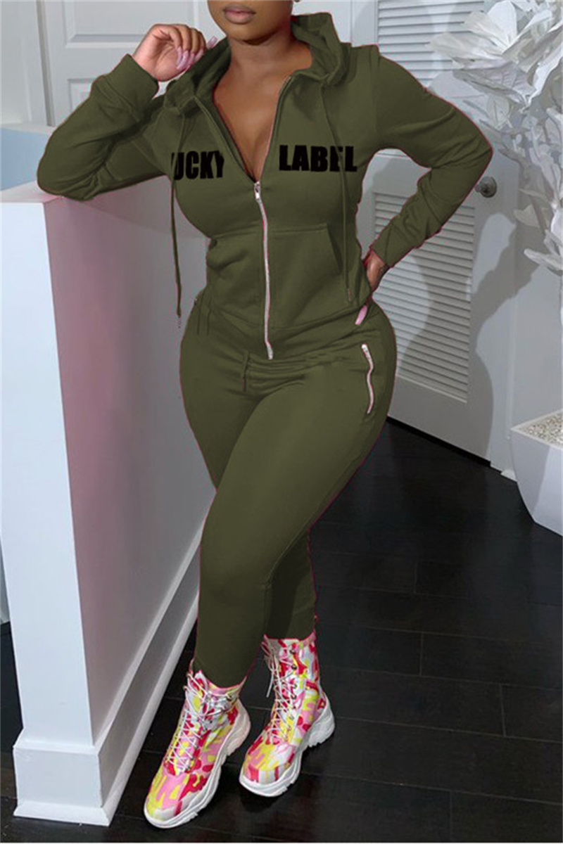 

Army Green Fashion Casual Letter Print Split Joint Hooded Collar Long Sleeve Two Pieces