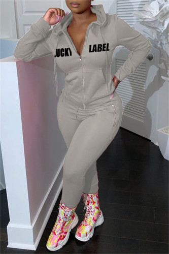 Grey Fashion Casual Letter Print Patchwork Hooded Collar Long Sleeve Two Pieces