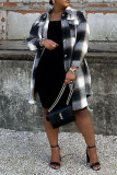 Black White Casual Plaid Print Patchwork Buckle Turndown Collar Plus Size Overcoat