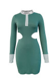 Green Fashion Sexy Solid Hollowed Out Patchwork O Neck Long Sleeve Dresses