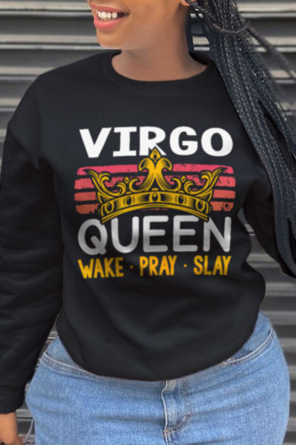 Black Casual Vintage Print Letter O Neck Tops
