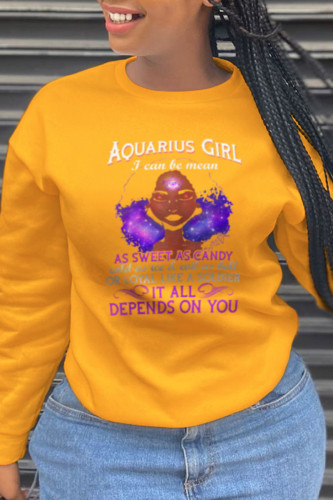 Yellow Vintage basis Print Letter O Neck Tops