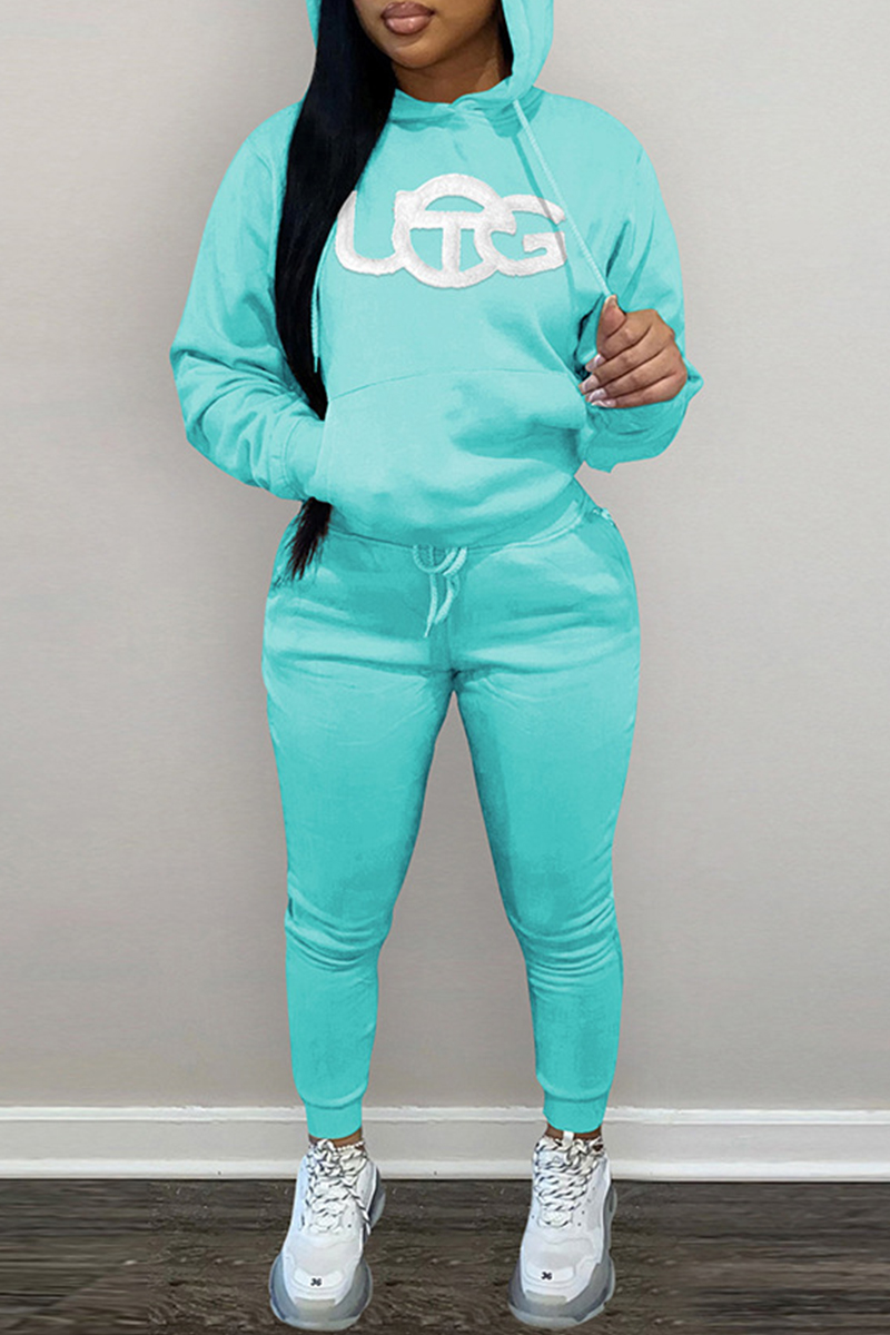 

Blue Fashion Casual Solid Embroidered Hooded Collar Two Pieces