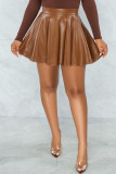 Brown Casual Solid Patchwork Fold High Waist Type A Solid Color Bottoms