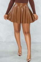 Brown Casual Solid Split Joint Fold High Waist Type A Solid Color Bottoms