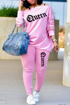 ピンクファッションカジュアルレタープリントベーシック斜め襟長袖ツーピース