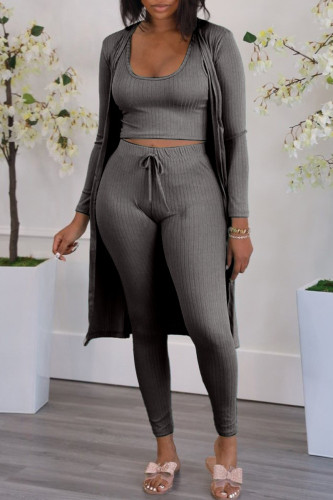 Dark Gray Fashion Casual Solid Cardigan Vests Pants O Neck Long Sleeve Three-piece Set