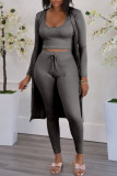 Deep Coffee Fashion Casual Solid Cardigan Vests Pants O Neck Long Sleeve Three-piece Set