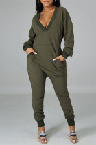 Army Green Fashion Casual Solid Split Joint Pocket V Neck Regular Jumpsuits
