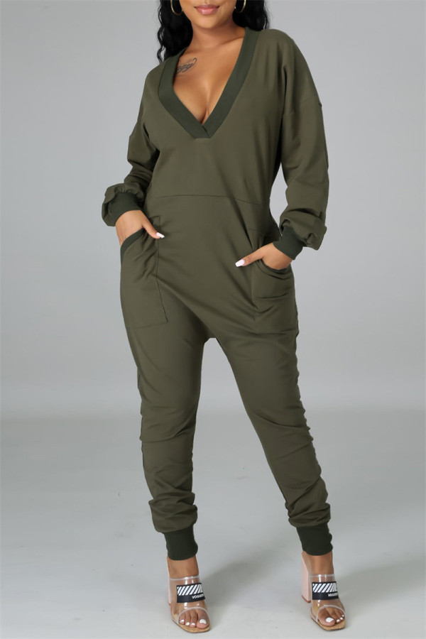 アーミーグリーン ファッション カジュアル ソリッド パッチワーク ポケット V ネック レギュラー ジャンプスーツ