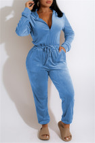 Blauw Modieus Casual Solid Basic Hooded Kraag Regular Jumpsuits