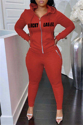 Red Fashion Casual Letter Print Patchwork Hooded Collar Long Sleeve Two Pieces