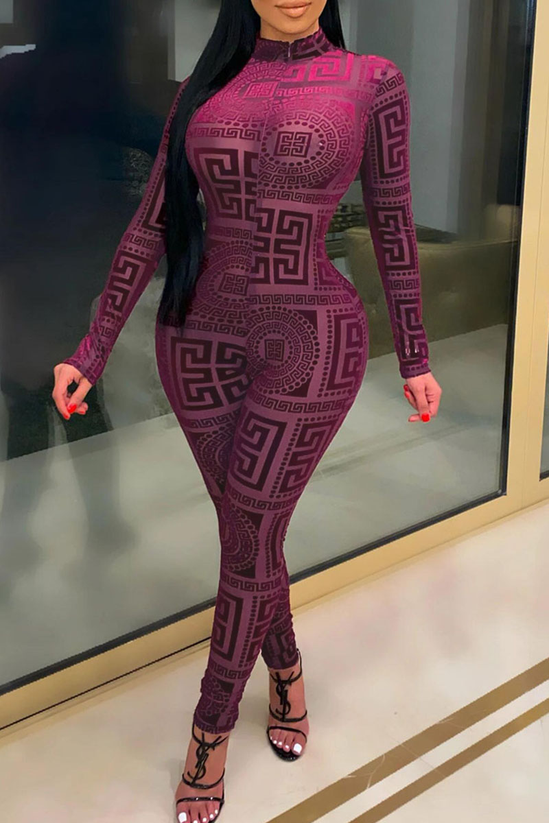 

Wine Red British Style Print Turtleneck Skinny Jumpsuits