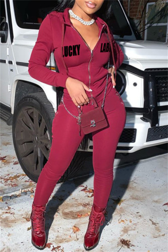 Burgundy Fashion Casual Letter Print Patchwork Hooded Collar Long Sleeve Two Pieces