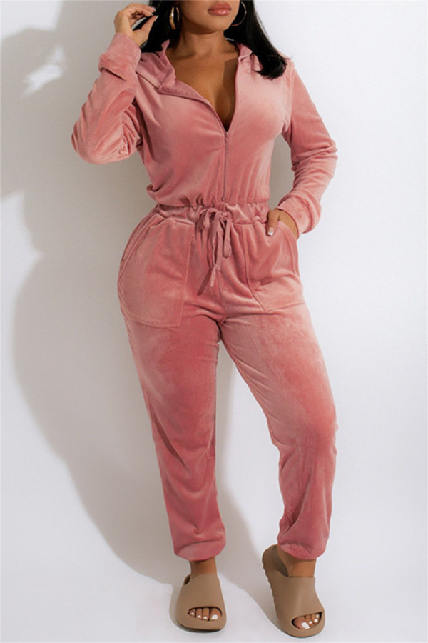 ピンク ファッション カジュアル ソリッド ベーシック フード付き 襟 レギュラー ジャンプスーツ