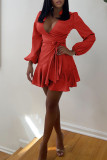 Red Casual Sweet Solid Patchwork Knotted Asymmetrical V Neck A Line Dresses