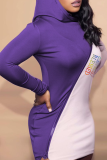 パープル カジュアル プリント パッチワーク フード付きカラー ペンシル スカート ドレス