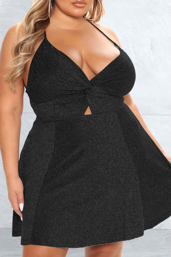 Zwart sexy effen uitgehold patchwork frenulum backless spaghettibandje A-lijn plus size jurken