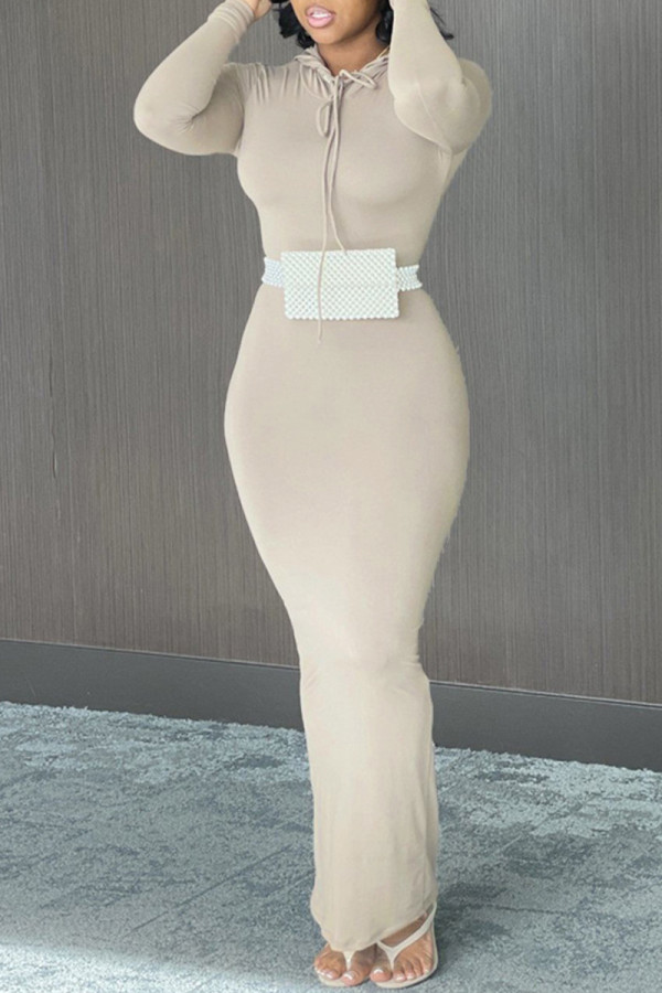 ライトグレーファッションカジュアルソリッドベーシックフード付きカラー長袖ドレス