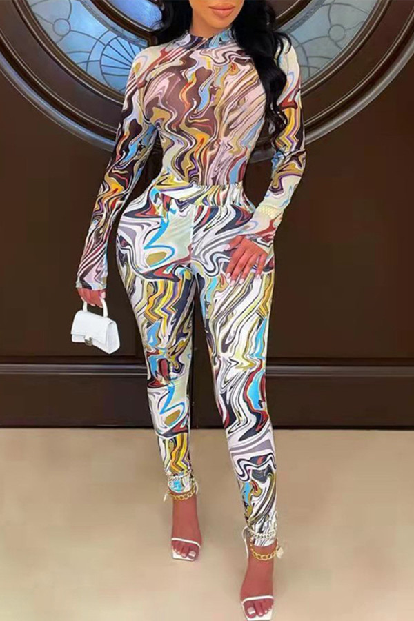 マルチカラー ファッション カジュアル 印刷 ベーシック ハーフA タートルネック スキニー ジャンプスーツ