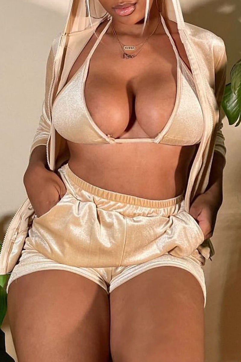 

Beige Sexy Solid Split Joint Halter Long Sleeve Two Pieces