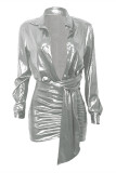Silver Fashion Sexy Bronzing Patchwork Frenulum Turndown Collar Long Sleeve Dresses