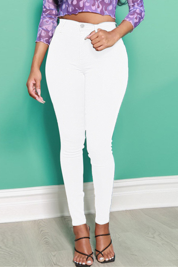 Witte modieuze casual effen basic skinny jeans met hoge taille