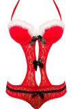Red Sexy Party Patchwork See-through Mesh Christmas Day Lingerie
