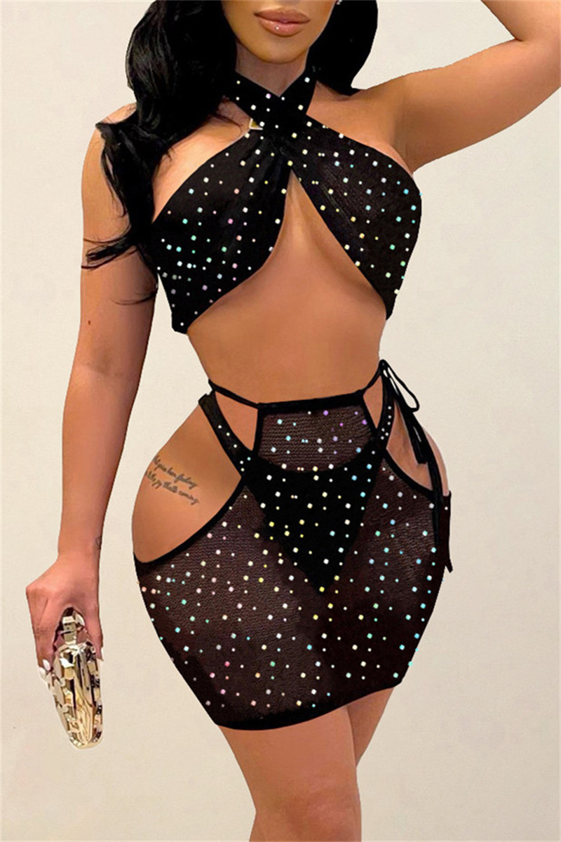 

Black Sexy Patchwork Hollowed Out See-through Backless Turtleneck Sleeveless Three-piece Set