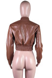 Prendas de abrigo casuales de patchwork liso con cuello en U de moda marrón