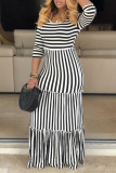 White Casual Striped Print Patchwork O Neck Straight Dresses