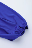 Azul profundo elegante sólido retalhos frenulum alta abertura decote em v manga comprida vestidos plus size