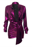 Фиолетовые модные сексуальные бронзовые лоскутные платья с отложным воротником и длинными рукавами