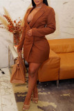 ブラウン ファッション カジュアル ソリッド ベーシック ターンダウン カラー ロング スリーブ スーツ ドレス